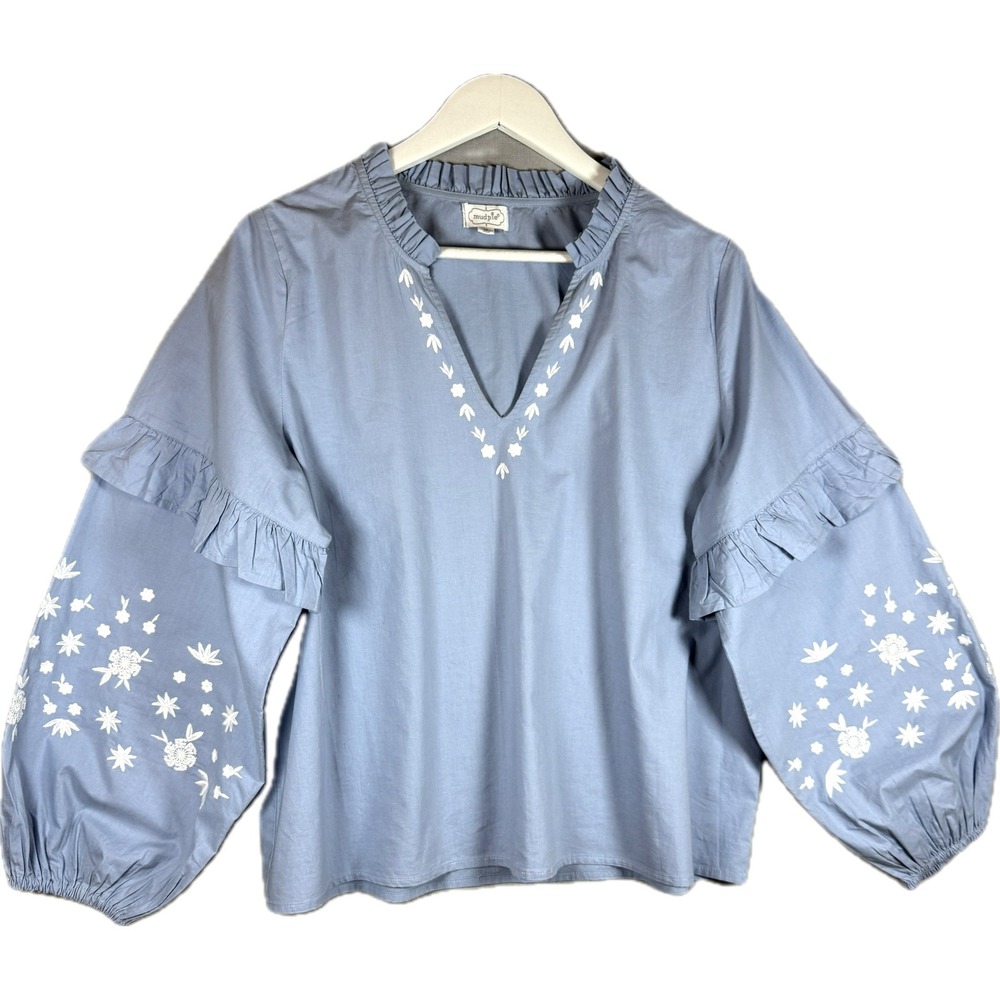 Mud Pie Blouse Women Size Medium Blue Embroidered Ruffle V-Neck Long Sleeve Boho
